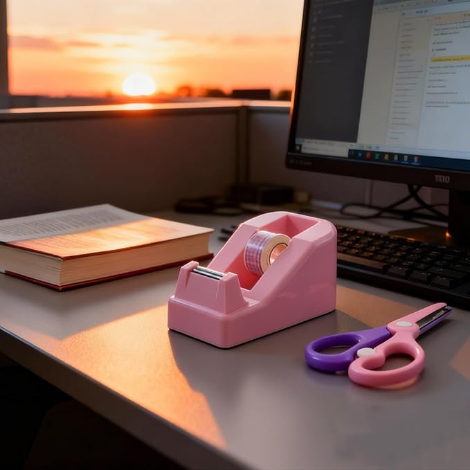 XEUZK Desktop Tape Dispenser Kits with Weighted Nonskid Base Tape Dispenser- Includes 9 Rolls of Transparent Tape(0.71 Inch x 500 inches Each) & Pink Scissors, 2 Pcs Tweezers (Pink)