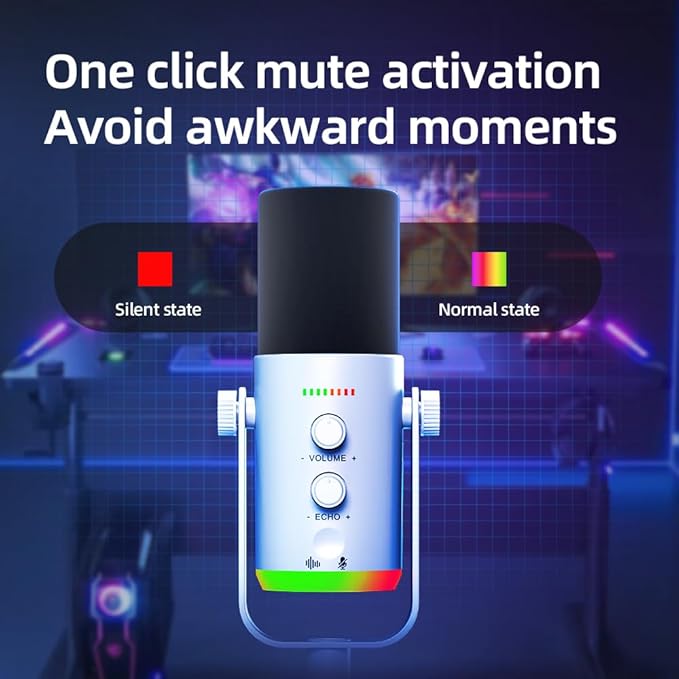 USB/XLR Desktop Dynamic Microphone with RGB Lighting, Noise Reduction, Mute Button & Headphone Jack - Podcast, Gaming, Streaming Mic for PC & Computer (White)