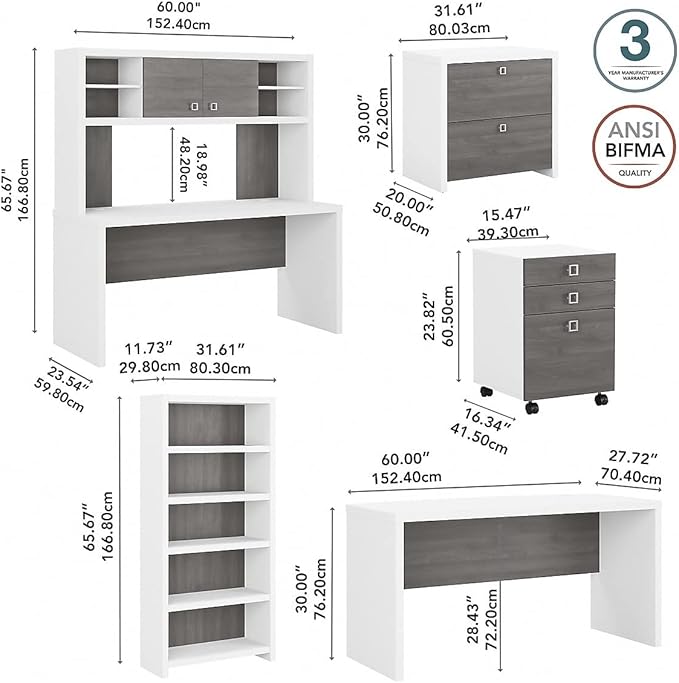 Bush Business Furniture Office by Kathy Ireland® Echo Bow Front Desk, Credenza with Hutch, Bookcase and File Cabinets in Pure White and Modern Gray