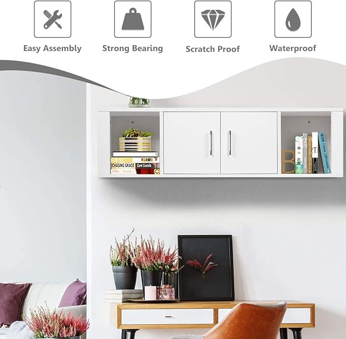 Giantex Wall Mounted Storage Cabinet and Floating Computer Desk Set W/Storage Shelves for Living Room, Bedroom, Office TV Media Floating Console Table Set