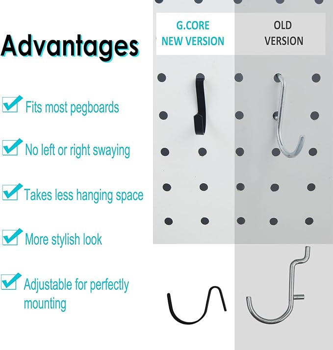 G.CORE Black Pegboard J Hooks Accessories - 80pcs Metal Peg Board Hooks for Hanging, Pegboard Wall Organizer Hangers, Fits 1/4 Slots, Tools Display Storage Holders for Garage Craft Office Organization