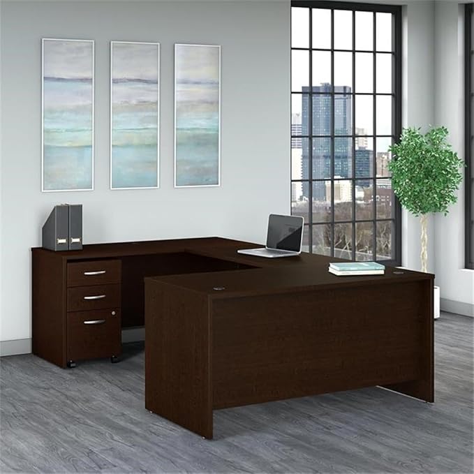 Bush Business Furniture Series C 60W U Shaped Desk with 3 Drawer Mobile File Cabinet in Mocha Cherry