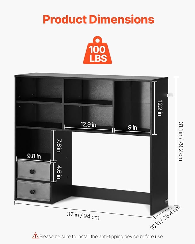 VEVOR 3-Tier Desktop Storage Organizer, 37" x 10" x 31.1" Office Storage Rack Wood Display Shelf, Desktop Bookshelf Hutch with 2 Fabric Drawers, for Office, Home & Dorm, Black