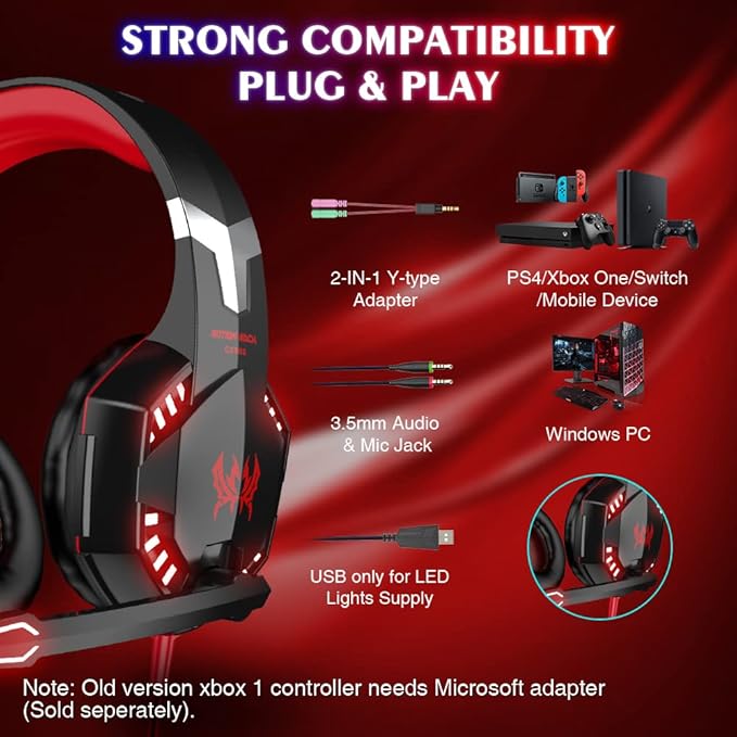 VersionTECH. G2000 Gaming Headset, Bass Surround Gaming Headphones with Noise Cancelling Mic, LED Lights, Soft Memory Earmuffs for PS5/ PS4/ Xbox One Controller/Laptop/PC/Mac/Nintendo NES Games-Red