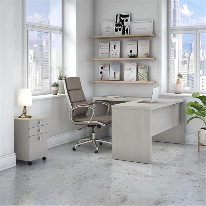 Bush Business Furniture Echo L Shaped Desk with Mobile File Cabinet in Gray Sand, Modern Corner Table with Drawers for Home or Professional Office