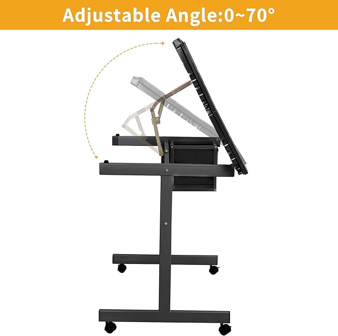 Rolling Drafting Table on Wheels, Painting Table Art Craft Desk Crafting Table with Tilting Transparent Tempered Glass Top, 2 Fabric Storage Drawers and 4 Wheels (Black)
