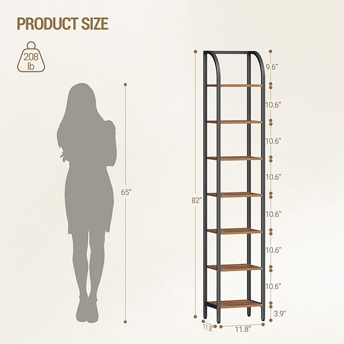 Hzuaneri Bookshelf Narrow Bookcase, Tall Storage Rack with Steel Frame, Display Standing Shelf Unit, Skinny Book Shelf for Study Living Room, Home Office, Industrial, 7-Tier Rustic Brown BC57701B