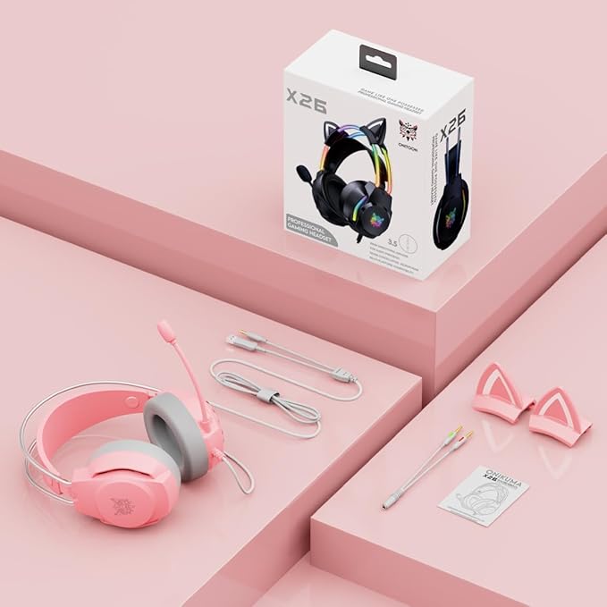 Gaming Headset with Microphone, Cat Ear Headphones for PC Laptop PS4 PS5 Xbox Switch, Rainbow RGB Lighting & Virtual Surround Sound, 3.5mm Wired Over Ear Headphones, Ergonomic