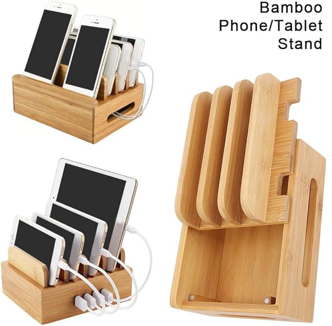 Oumefar Bamboo Multi-Device Stand Holder Charging Station Phone Tablet Charger Organizer 4 in 1 Charging Station for Multiple Devices for Meeting Rooms Restaurants Hotels and Homes