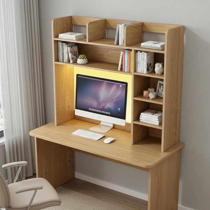 Tangkula Desktop Bookshelf with LED Lights, Desk Hutch with 8 Shelves for Max 25" Monitor, Desktop 5-Tier Display Rack, Multipurpose Wood Desktop Storage Hutch Organizer for Dorm Office Home (Natural)