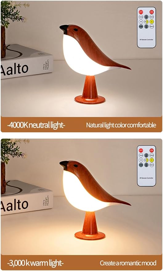 Remote control bird desk lamp in mahogany color, rechargeable small desk lamp with 3 color temperatures, remote control and touch sensor, capable of playing bird calls, built-in battery drive