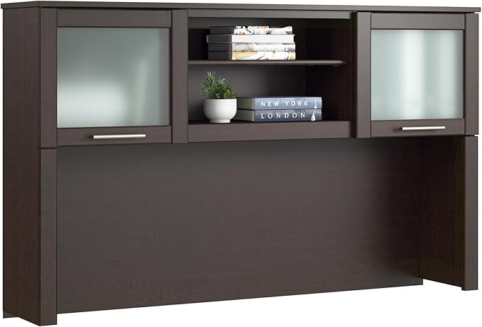 Bush Home 60-Inch Desk Hutch, Office Storage Organizer with Shelves, Cubbies and Frosted Glass Doors for Computer Desk, Home Office Furniture, Somerset Collection, Mocha Cherry