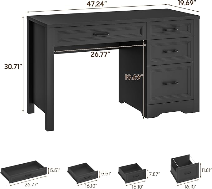 Vabches Farmhouse Executive Desk with Storage and Ample File Drawer, Rustic Large Home Writing Desk for Bedroom, Pure Black