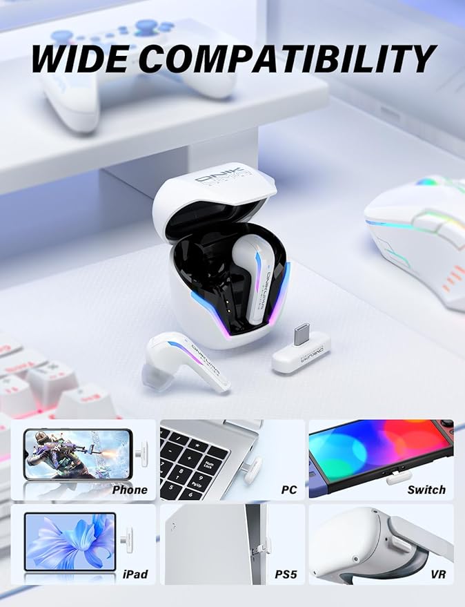 Wireless Gaming Earbuds 20ms Ultra-Low Latency, Dual-Mode 2.4GHz + BT5.3 with ENC Mic, USB-C Dongle for PS5/PS4, 3/3S/2, Steam Deck, PC/Mobile-White