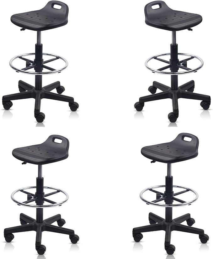 KLASIKA Adjustable Height Drafting Rolling Stool with Foot Rest Breathable Seat Cushion Swivel Chair, Multi-Purpose Work Stools for Nail Salon Office Bar Lab Counter Barber Kitchen Shop Black, 4PK
