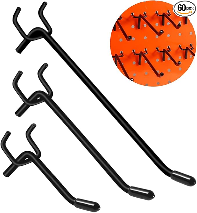 Dualshine 60Pcs Black Pegboard Hooks, 2/4/6 Inch Pegboard Wall Hook Heavy Duty PegBoard Shelving Hook Fit 1/4" PegBoard Metal Hanging Pegboard Display Hook Holder Organizer for Kitchen Store