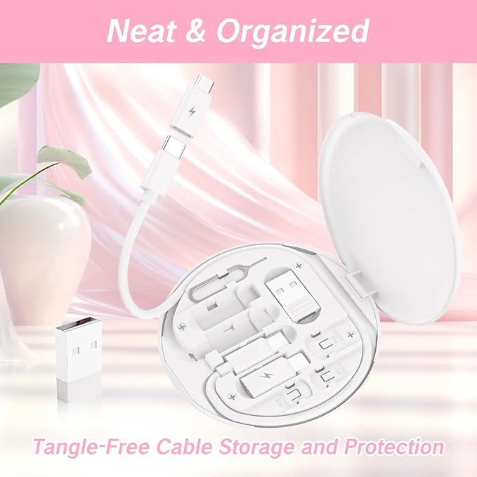 9 in 1 Cable Case USB Adapter Cable Conversion Storage Box USB Type C to Micro USB/Lightning/USB A Cable Data Transfer Tool Contains Sim Card Slot Tray Eject Pin Use as Phone Holder (White)