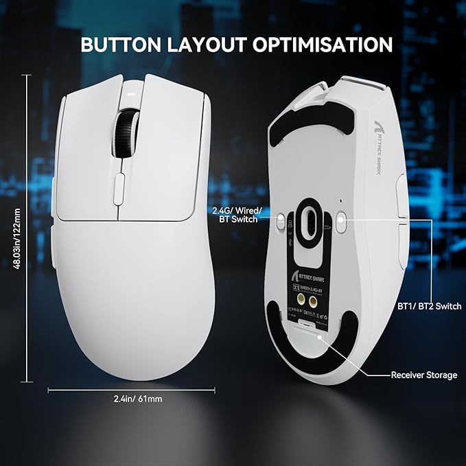 ATTACK SHARK X1 Wireless Gaming Mouse with RGB Charging Dock, PAW3395 PRO Sensor Up to 40K DPI,53g Ultra Light Tri-Mode Computer Mice,1KHz Polling Rate 5 Programmable Buttons for WIN/MAC-White