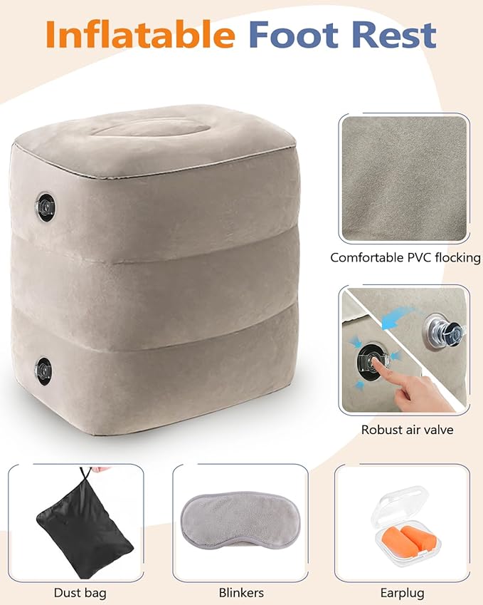 YSJILIDE Inflatable Travel Foot Rest Pillow, Travel foorest Pillow for Kids/Adults, Adjustable 3 Layers Height Leg Rest Pillow, Great for Living Room, Train, car (1 Pack)