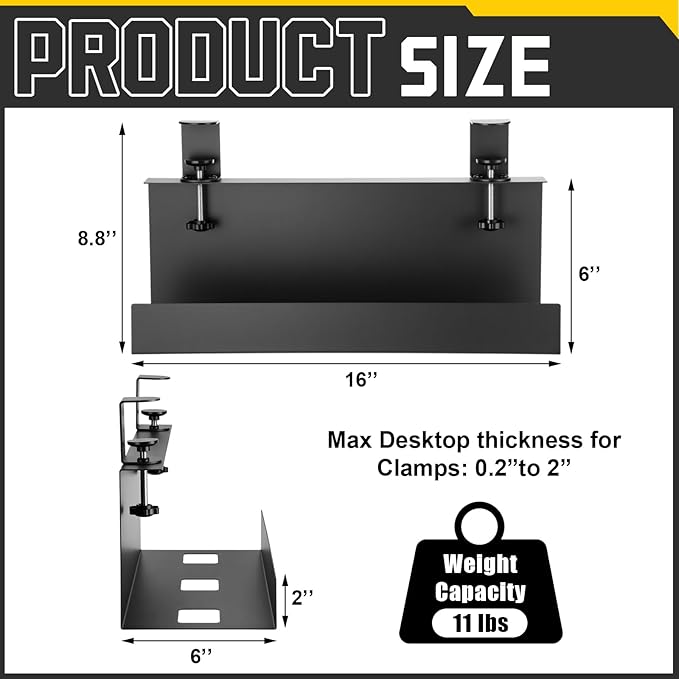 16×6×6 Inch No Drill Clamp-on Power Strip Cable Management Tray Under Standing Desk Steel Cable Organizer Wire Cord Tamer for Office, Home, Garage(Black)