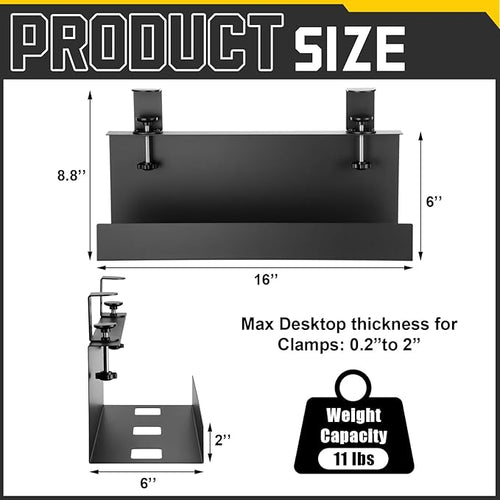 16×6×6 Inch No Drill Clamp-on Power Strip Cable Management Tray Under Standing Desk Steel Cable Organizer Wire Cord Tamer for Office, Home, Garage(Black)