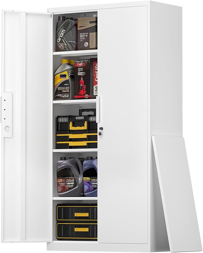 Metal Garage Storage Cabinets with Lock, 72" H White Storage Cabinet with Doors and Adjustable Shelves, Lockable File Cabinet, Steel Tool Cabinets for Home, Office, Garage, Shop, School