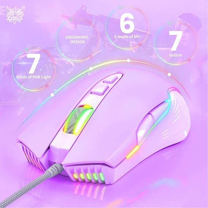 Cute RGB 6400 DPI Wired Gaming Mouse Breathing LED Optical USB 7 Buttons Gamer Computer Pink Mice for Laptop PC Desktop (Purple)