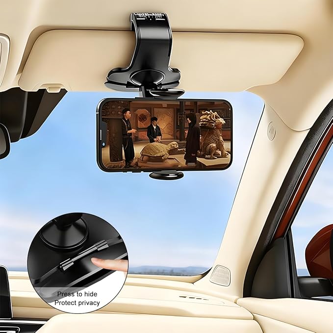 Zpana Car Dashboard Phone Holder, 360° Rotation Clip-on Vehicle Dash Cellphone Stand with Parking Number Plate, Auto Sun Visor & Rear View Mirror Mobile Phone Mount, Fits Most Smartphones