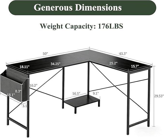L Shaped Desk, 50 Inch Reversible Computer Desk Corner Gaming Table with CPU Stand & Storage Bag, Sturdy Metal Frame PC Workstation for Home Office, Black Wood