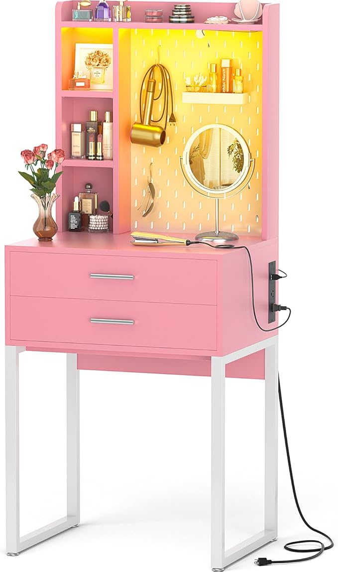 Besiost Small Vanity Desk with Hutch and Drawers, Pink Makeup Vanity Desk with Outlets, Vanity Table Dressing Table with LED Lights, Vanity Desks No Mirror with Pegboard for Girls Women, 24"