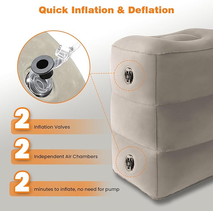 Inflatable Foot Rest Pillow for Travel, 4 Height Adjustable Leg Rest Pillow for Economy Class, Car, Office and Homes