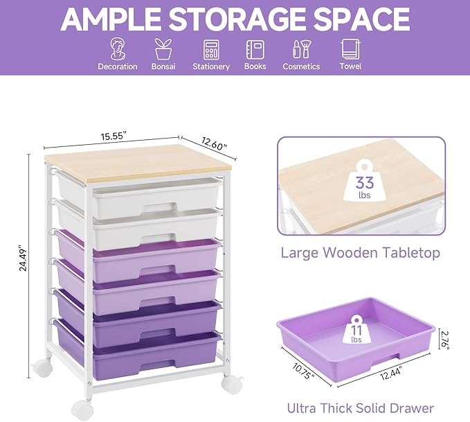 SYKIARIOL Rolling Cart with Drawers,Utility Cart with 6 Drawers,Rolling Storage Cart with Drawers and Wooden Tabletop & Lockable Wheel,Purple