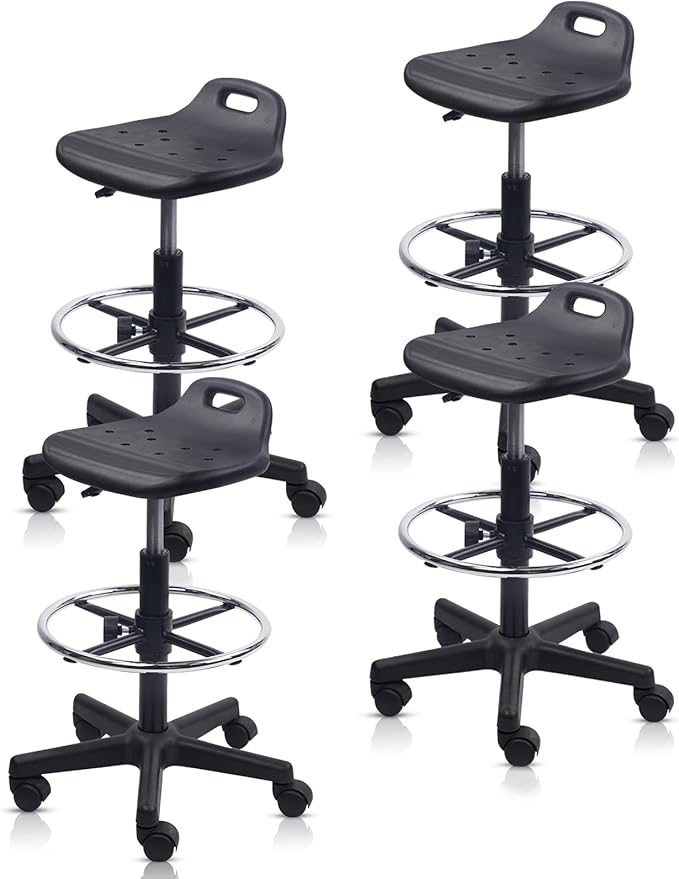 KLASIKA Drafting Rolling Stool Adjustable Height with Foot Rest Breathable Seat Cushion Swivel Stools with Wheels, Multi-Purpose Work Stool for Shop, Task, Salon, Black, 4 Pack