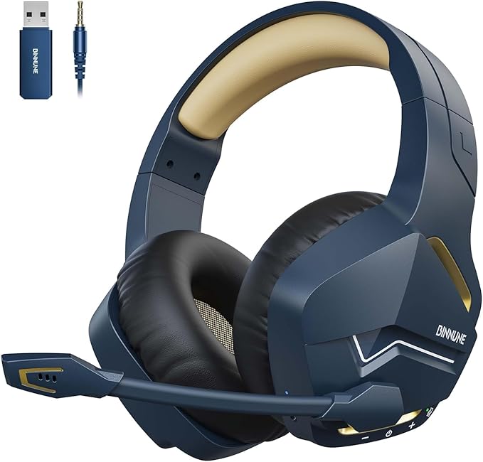 BINNUNE Wireless Gaming Headset for PS5 PC, 120H Ultra-Long Battery, 2.4GHz & Bluetooth 5.3 Wireless Gaming Headphones, PS5 Hadset Wireless with Mic, 50mm Drivers, Comfort Over Ear Headphones,Gold