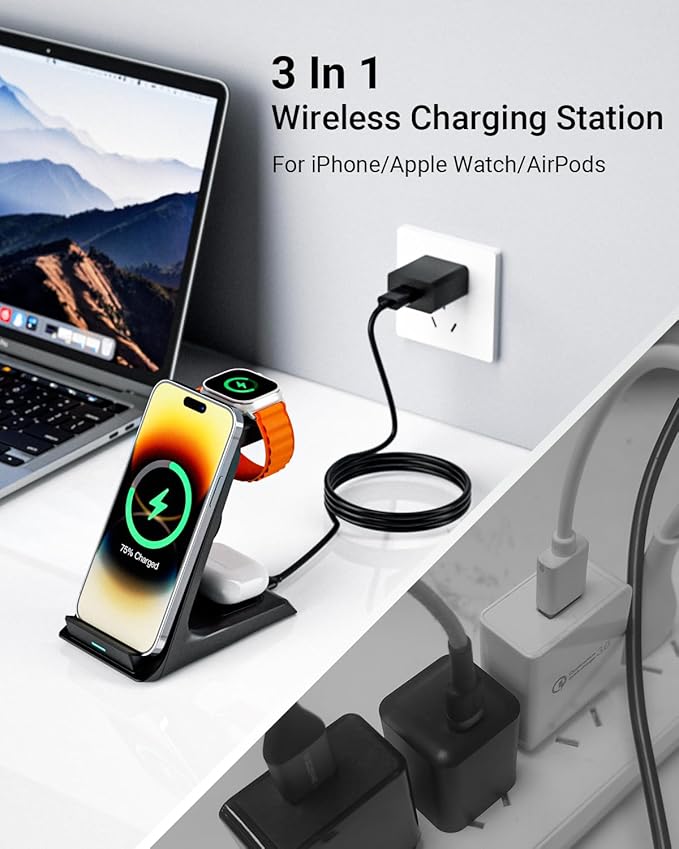Eazpower Wireless Charger for Thick Cases of 10MM/Otterbox/Heavy Duty, 3 in 1 Charging Dock for iPhone 17 16 15 14 Pro Max, Phone Stand Charging Station for Multiple Devices for Apple Watch/AirPods