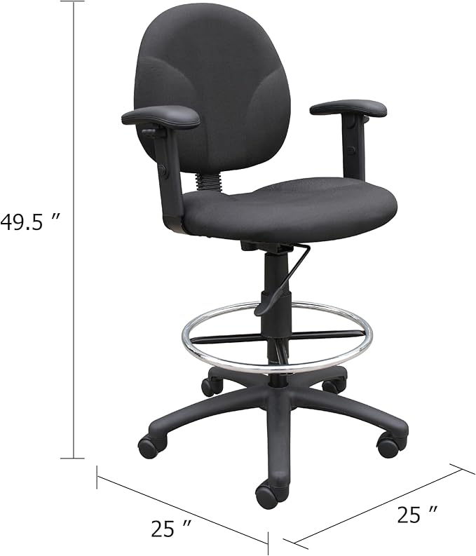 Benzara Zem Drafting Stool with Adjustable Arms & Chrome Footring, Black Crepe