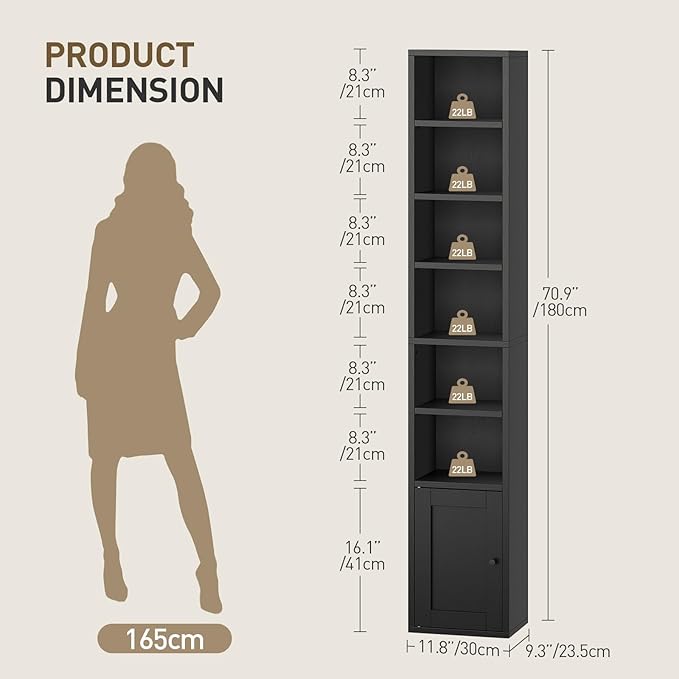 RALGEND 7-Tier Tall Narrow Bookshelf with Door Set of 4, 70.9 Inches CD DVD Slim Media Tower Rack with Storage Cabinet, Adjustable Shelves, Skinny Bookshelf Display Bookcase for Home Office, Black
