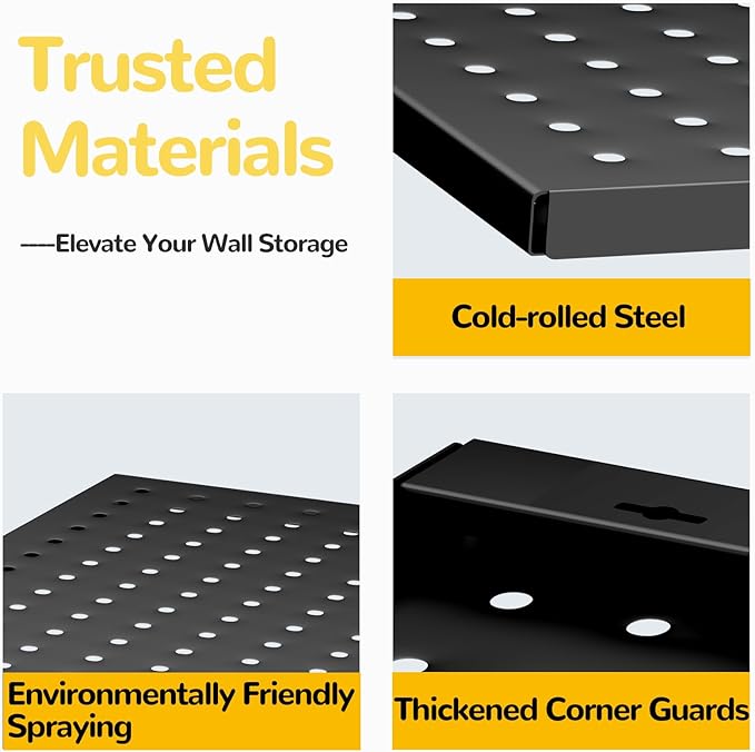 Metal Pegboard,4 Pack Metal Pegboard Panels With 8 Hooks,Black Pegboard Wall Organizer,16"x12" Steel Peg Boards for Walls,Tools,Garage,Office