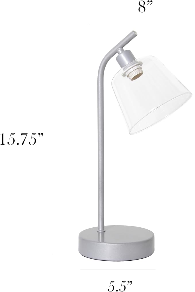 Simple Designs LD1080-SLV 16" Sleek Essentials Modern Industrial Metal Desk Lamp with Clear Glass Shade, for Office, Desk, Nightstand, Dorm, Silver