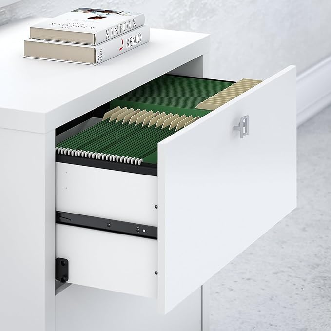 Bush Business Furniture Echo Bow Front Desk, Credenza with Hutch, Bookcase and File Cabinets in Pure White