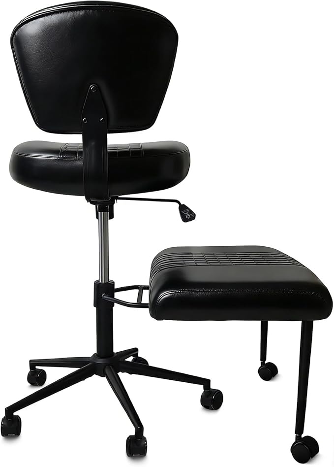Ergonomic Cross Legged Office Chair with Footrest, 360° Swivel Height Adjustable PU Criss Cross Chair, Wide Seat & Back Support for Home Office, ADHD, Black