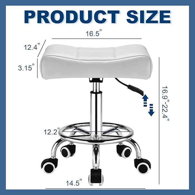 Square Salon Rolling Stool - 300lbs Weight Capacity，Adjustable Swivel Stool with Wheel，Pu Leahter Comfortable Cutting Stools for Salon Tattoo Stylist Massage Perfect for Work SPA (White)