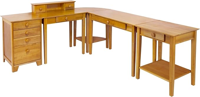 Pemberly Row 5-Piece Solid Wood Home Office Set, Honey Brown Finish, Includes Writing Desk, Computer Desk, Corner Table, Printer Table, File Cabinet, Modular Design with Beige Fabric Storage Baskets