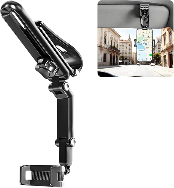 Car Sun Visor Phone Holder, 1080° Rotatable Retractable Vehicle Rearview Cell Phone Holder, Automotive Interior Sun Visor Smartphone Mount, Universal for SUV Caravan Truck (Gray)