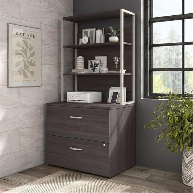 Pemberly Row Set of 2 Lateral File Cabinet & Computer Table Desk in Storm Gray