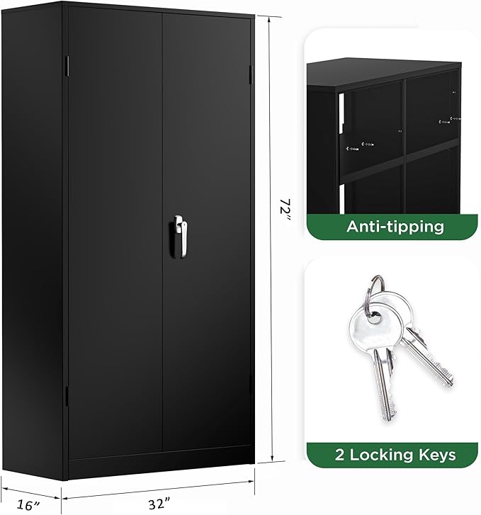 Greenvelly Metal Cabinet with Lock, 72" Metal Storage Cabinet with 2 Doors and Adjustable 4 Shelves, Locking Cabinet for Home Office, Garage(32" W x 16" D), Black