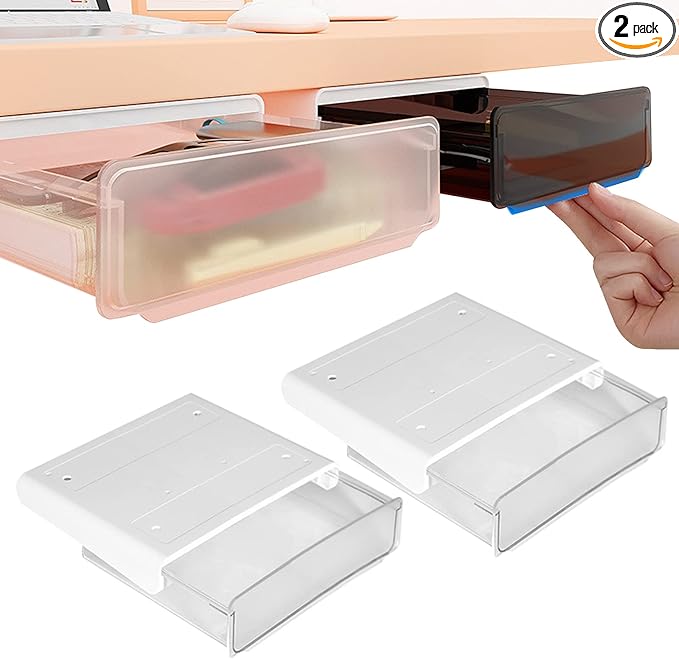 Self-adhesive Under Desk Drawer, 2 Packs Table Hidden Organizer Slide Out Large Storage Desktop Pencil Tray for Office Home School Kitchen (Large, White)
