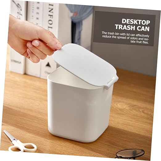Slim White Kitchen Garbage Can Small Trash Can Lid Desktop Rubbish Storage Bin
