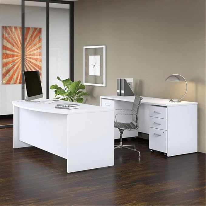 Pemberly Row Engineered Wood Bow Front Desk & Credenza Set, 72W x 36D, White Finish, Includes Mobile File Cabinets, Thermally Fused Laminate, Contemporary Design, Office Furniture for Workspace