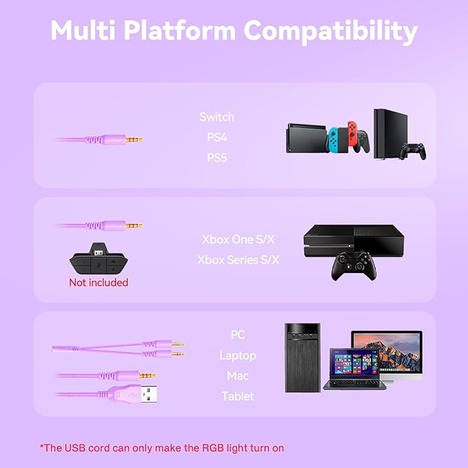 Gaming Headset with Microphone for Pc, Xbox One Series X/s, Ps4, Ps5, Switch, Stereo Wired Noise Cancelling Over-Ear Headphones with Mic, RGB, for Computer, Laptop, Mac, Nintendo (Purple)